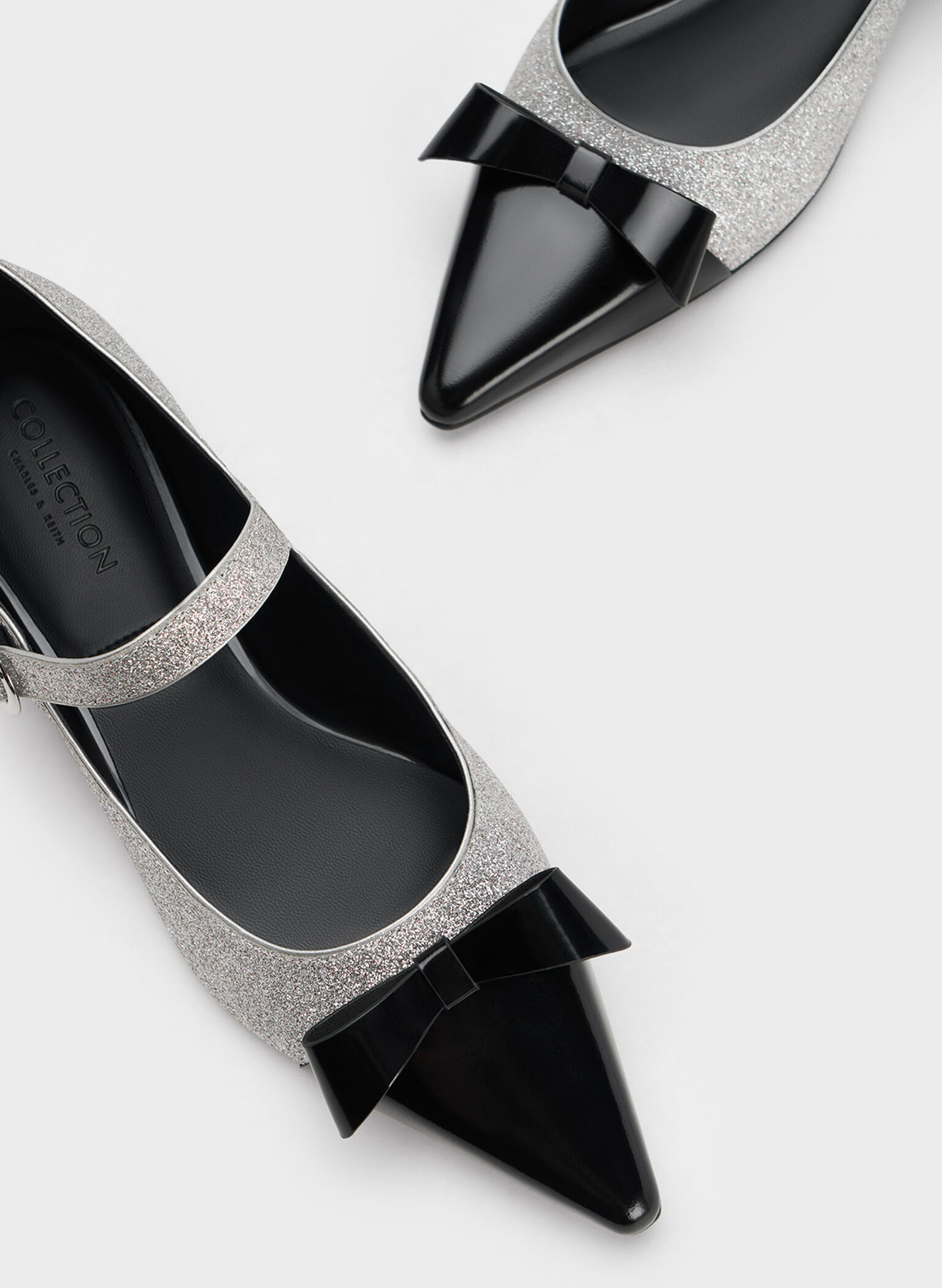 Leather Glittered Bow Mary Jane Flats, Silver, hi-res