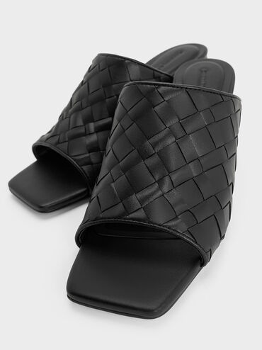 Woven Square-Toe Heeled Mules, Black, hi-res
