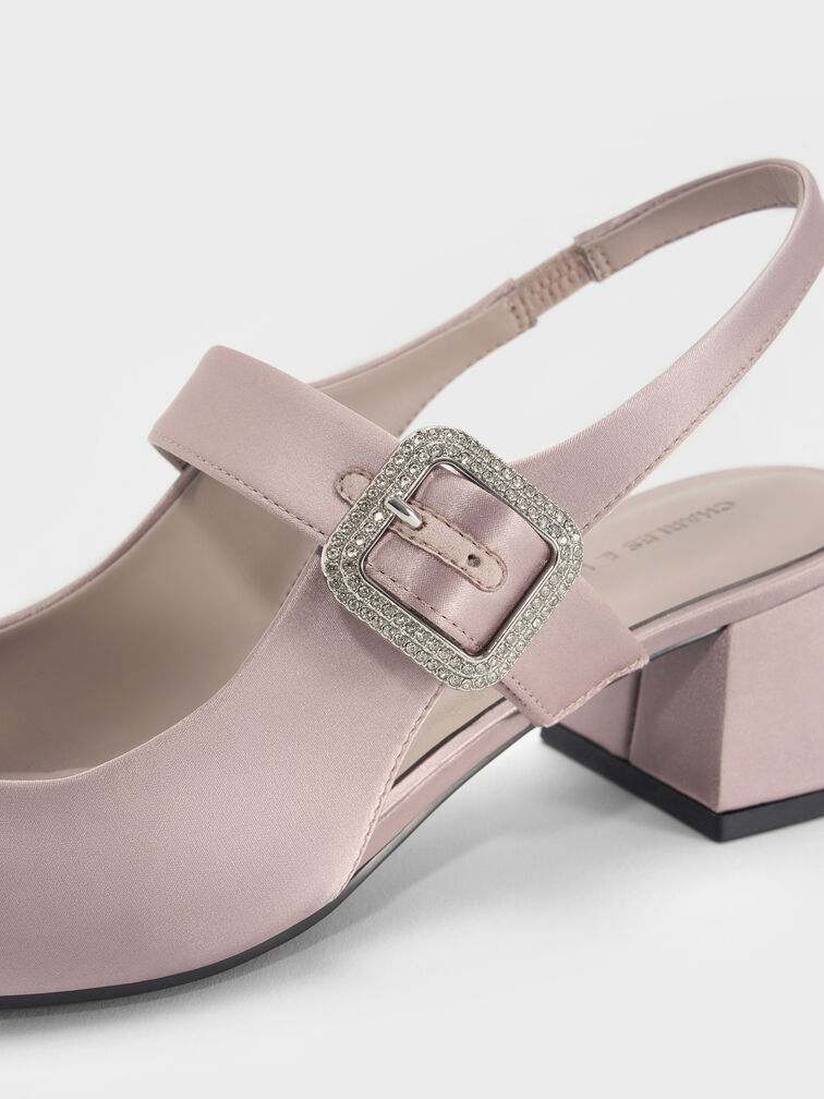 Satin Crystal-Buckle Block-Heel Slingback Pumps, Mauve, hi-res