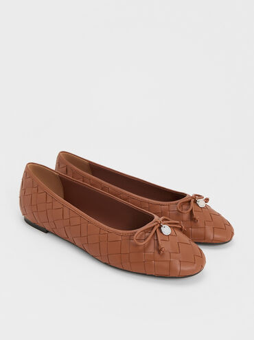 Woven Bow Ballet Flats, Brown, hi-res