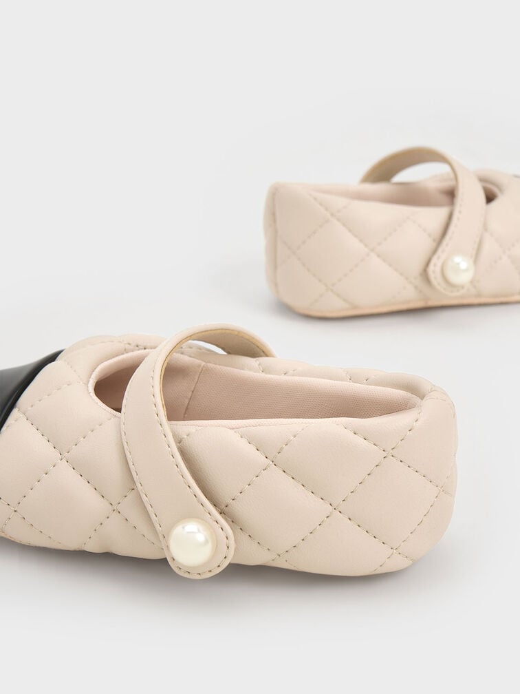 Girls' Quilted Two-Tone Mary Jane Flats, Cream, hi-res
