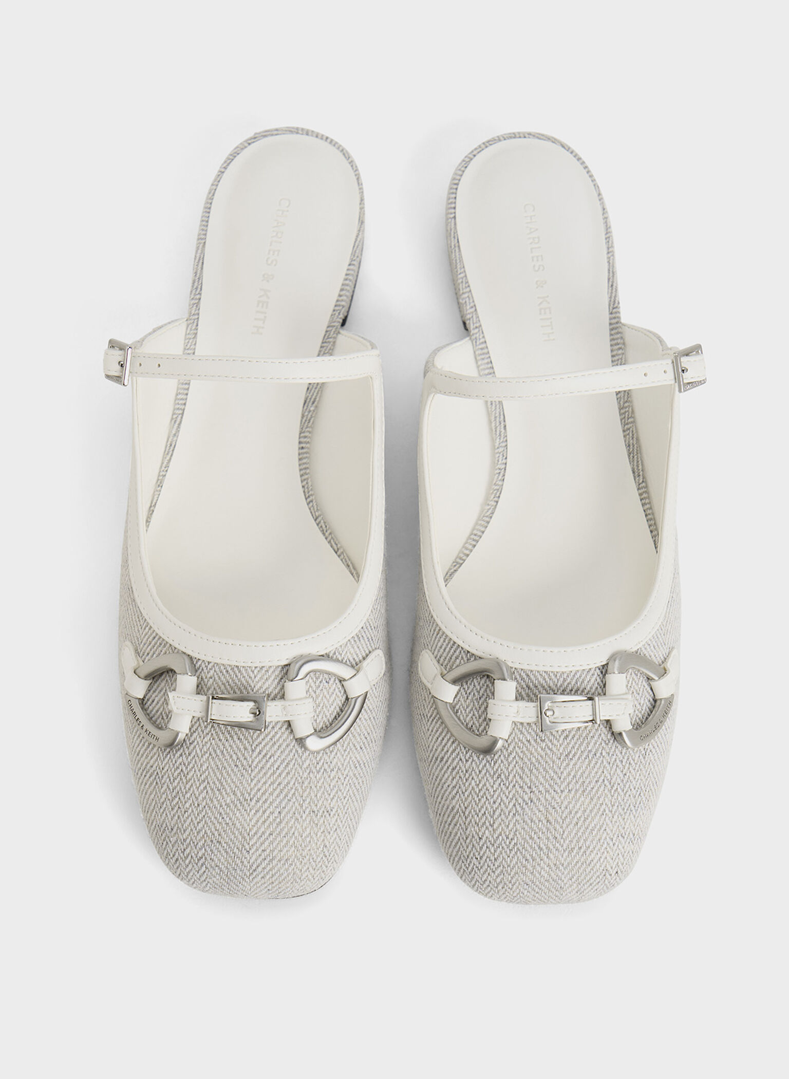 Woven Fabric Metallic-Accent Flat Mules, Light Grey, hi-res