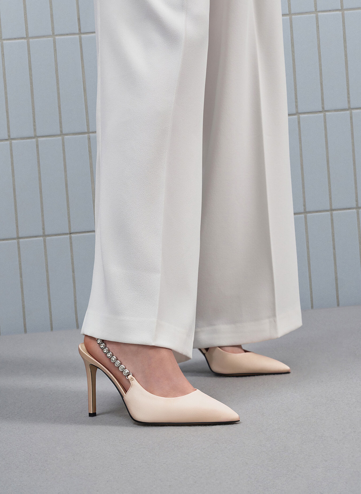 Flores Recycled Polyester Gem-Strap Slingback Pumps, Beige, hi-res