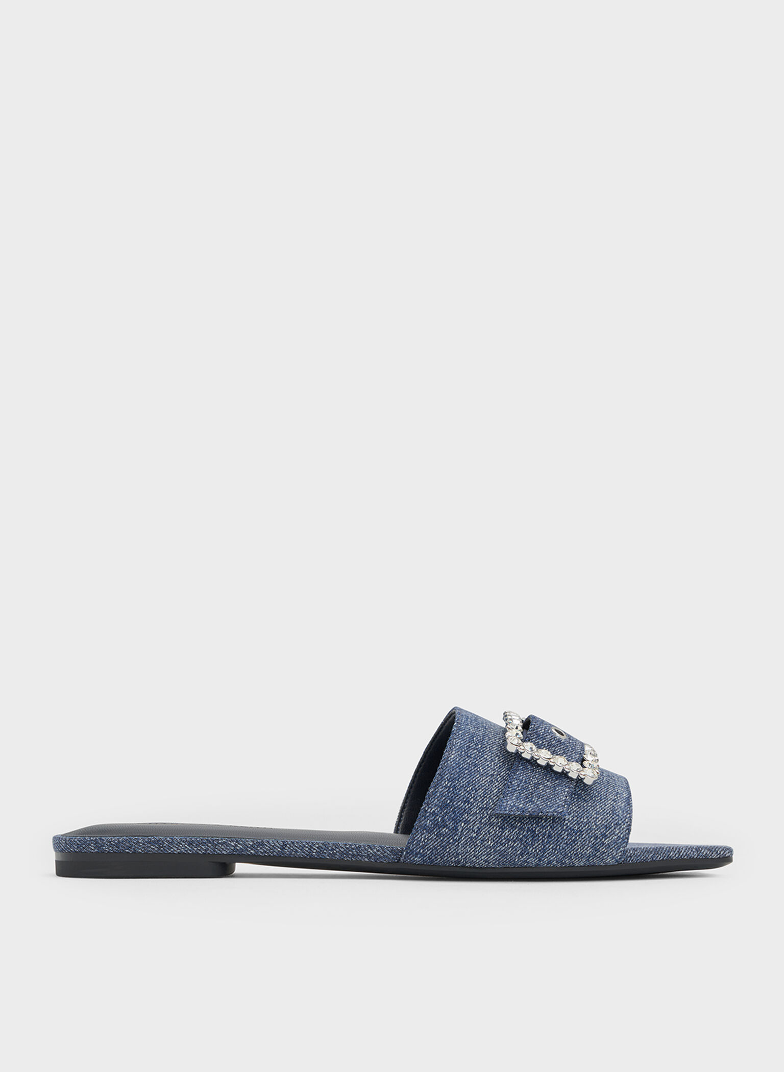 Denim Gem-Buckle Square-Toe Slide Sandals, Denim Blue, hi-res