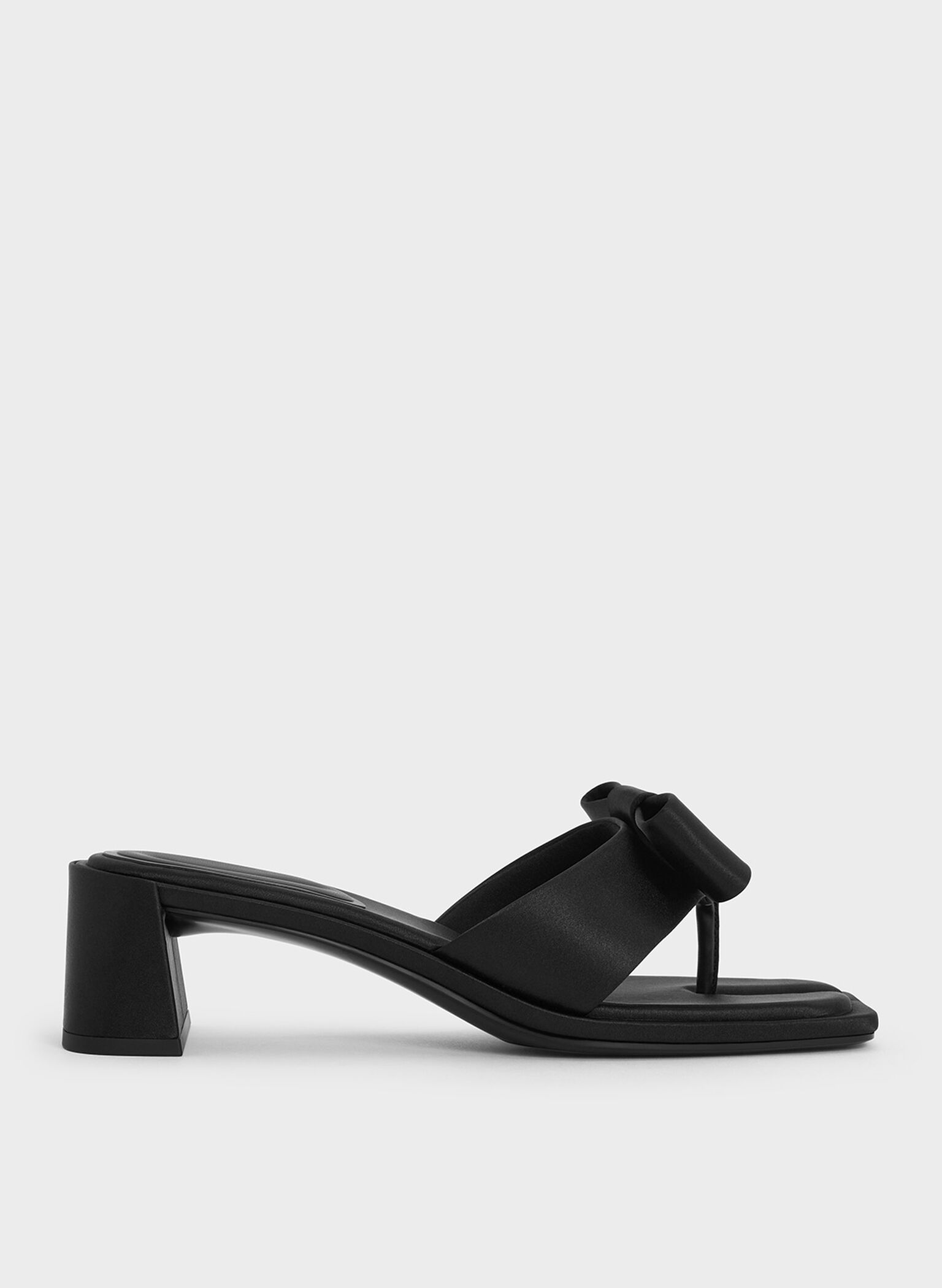 Satin Bow Heeled Thong Sandals, Black Textured, hi-res