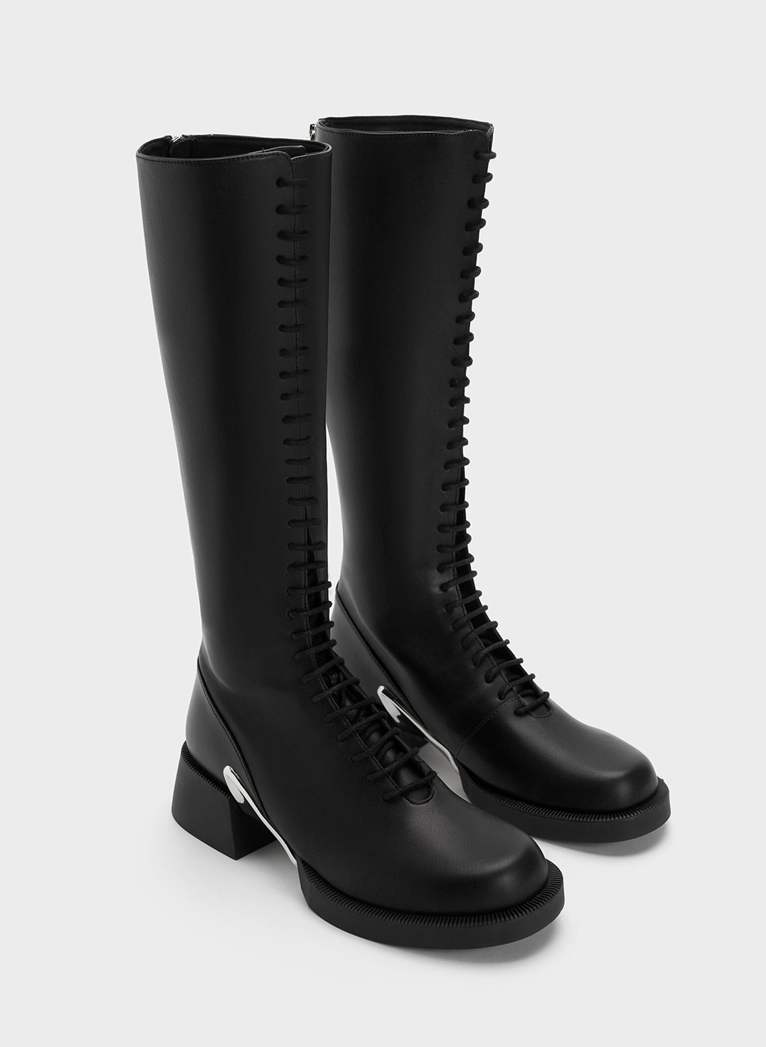 Devon Metallic-Accent Lace-Up Knee-High Boots, Black, hi-res