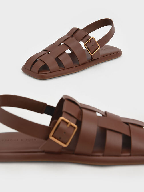 Metallic Buckle Caged Slingback Sandals, Brown, hi-res