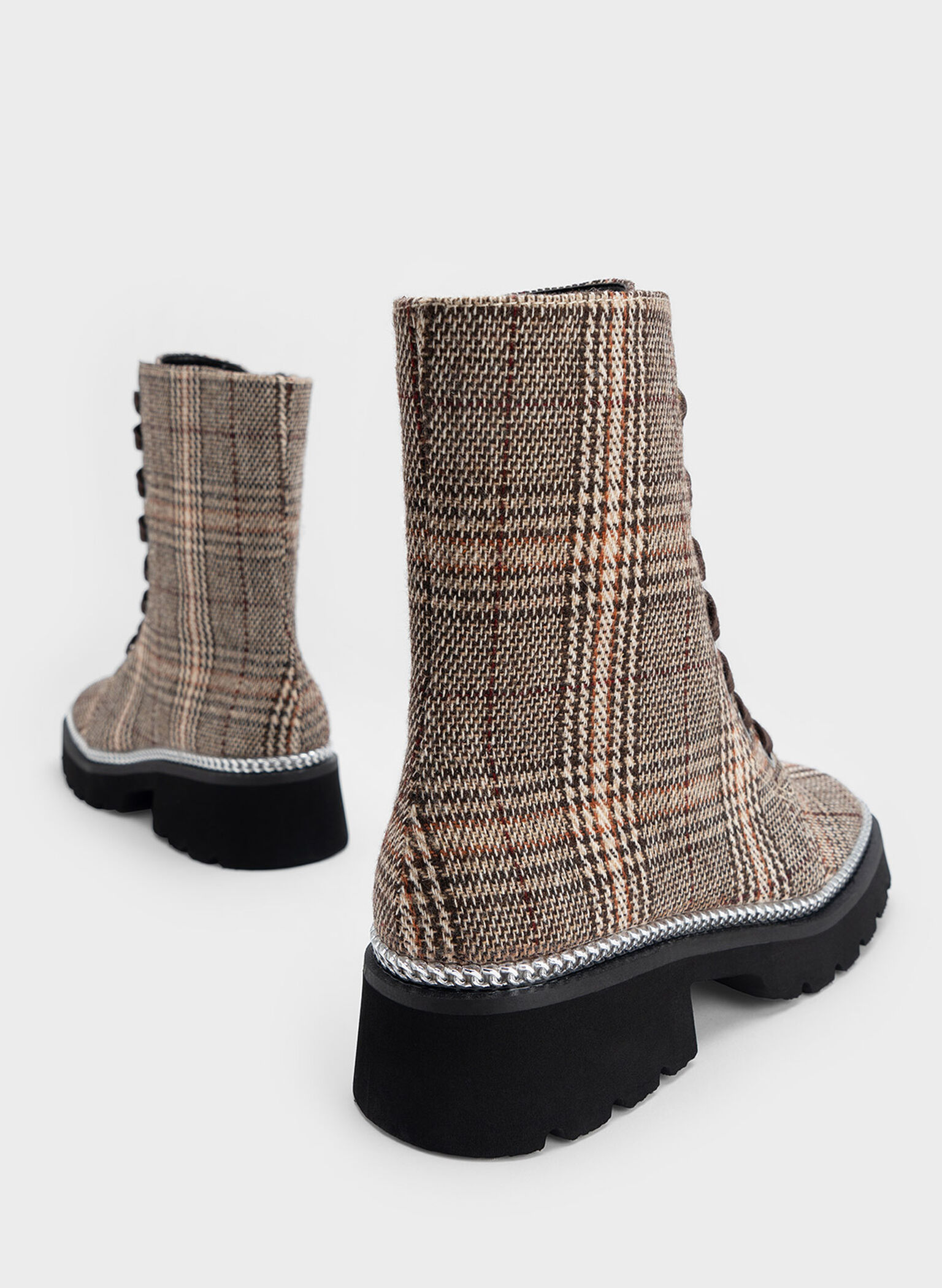 Checkered Chain-Trim Lace-Up Boots, Dark Brown, hi-res