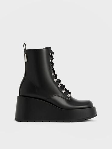 Lace-Up Platform Wedge Ankle Boots, Black, hi-res