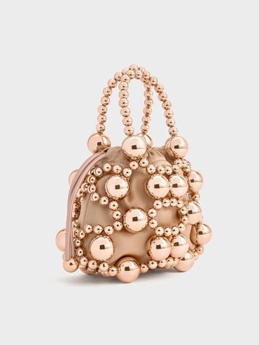 Metallic Beaded Top Handle Bag, Rose Gold, hi-res