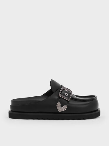 Kirke Buckle-Strap Flatform Mules, Black, hi-res