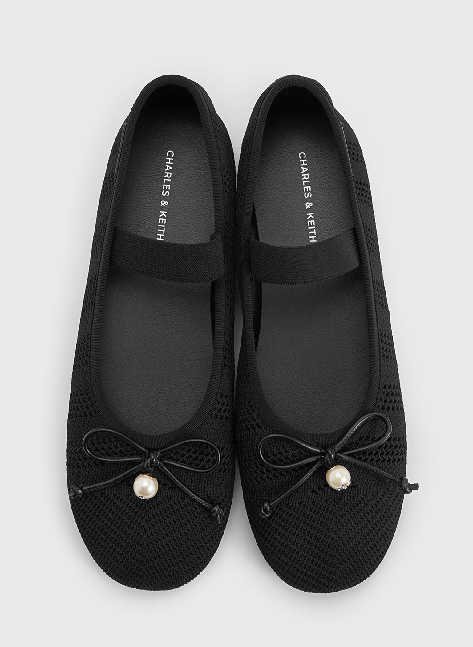 Knitted Pearl-Accent Bow Ballet Flats, Black Textured, hi-res