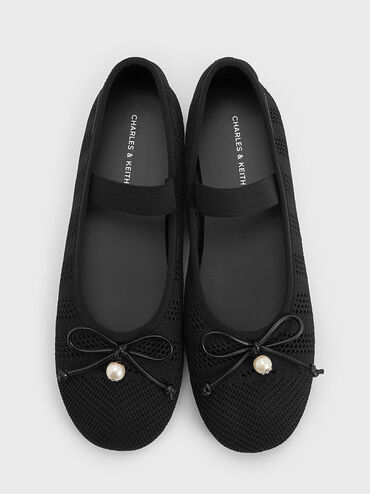 Knitted Pearl-Accent Bow Ballet Flats, Black Textured, hi-res