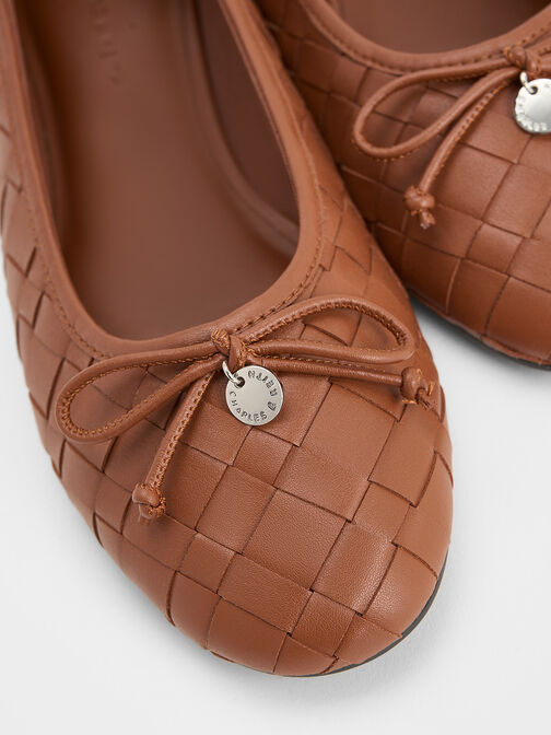 Woven Bow Ballet Flats, Brown, hi-res