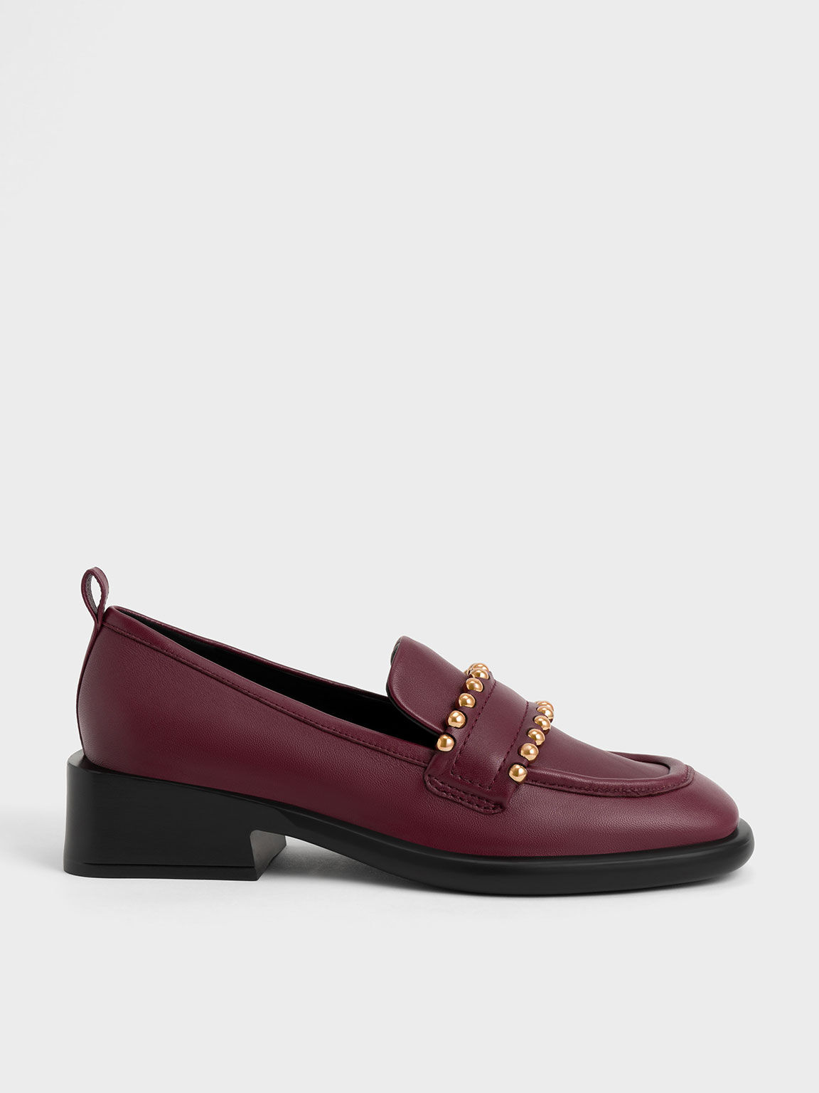 Prune Studded Leather Penny Loafers - CHARLES & KEITH UK