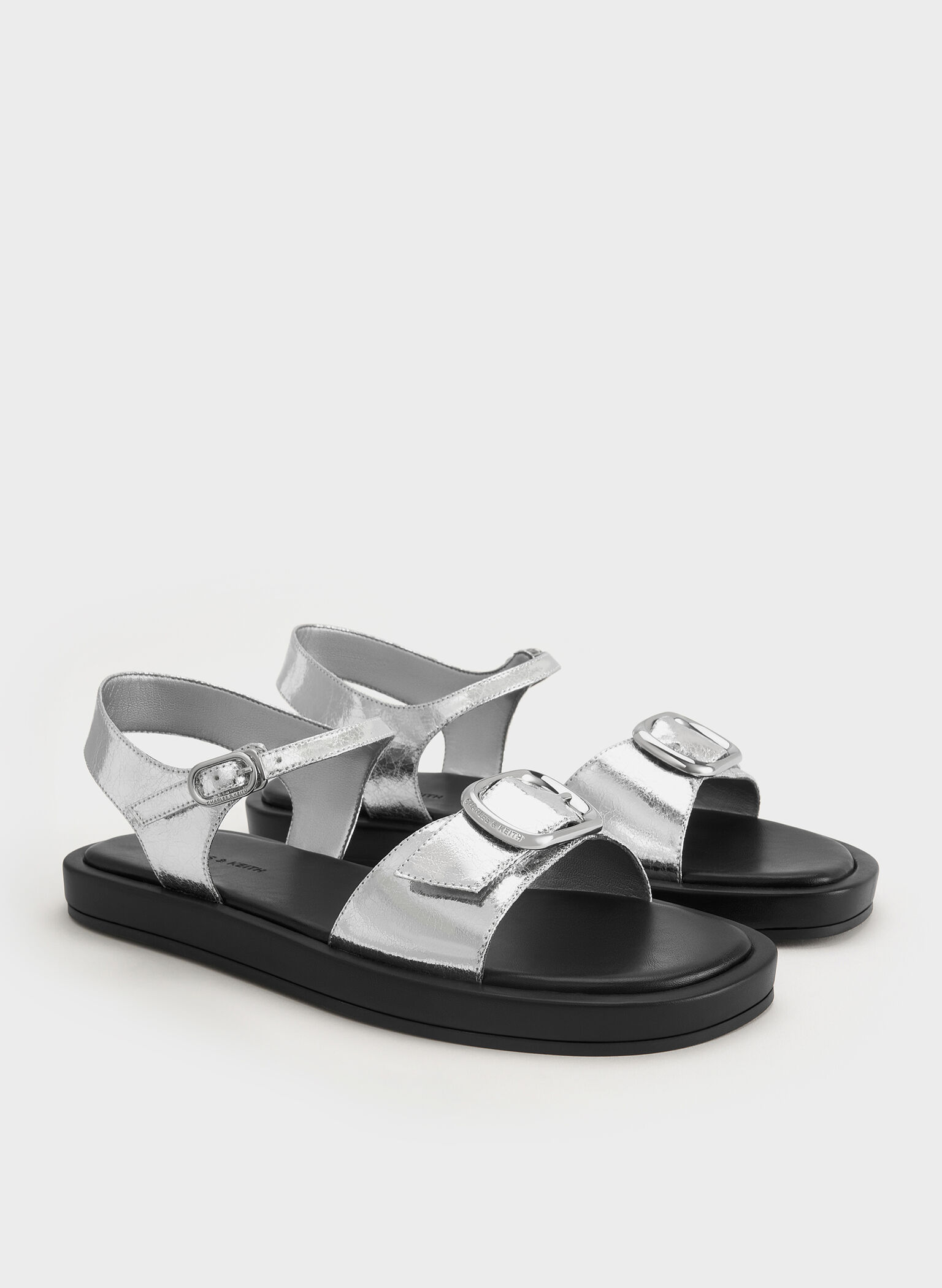 Metallic Buckled Slingback Sandals, Silver, hi-res