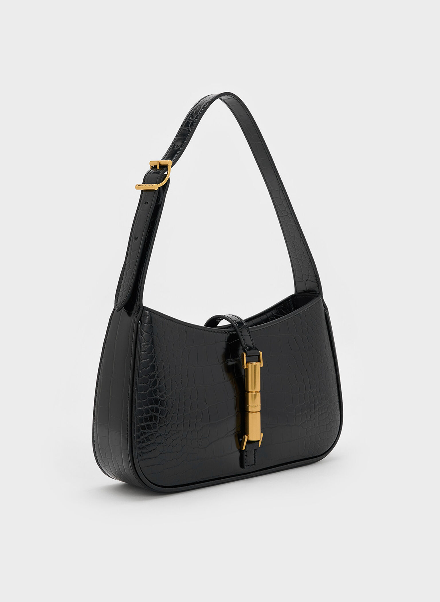 Cesia Croc-Effect Metallic-Accent Shoulder Bag, Black, hi-res