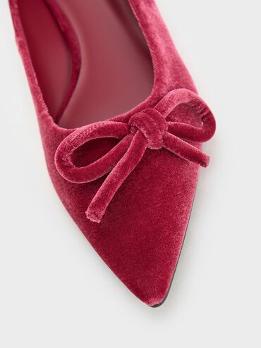 Velvet Bow Pointed-Toe Flats, Pink, hi-res