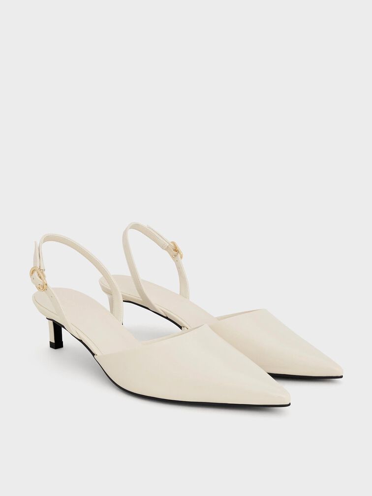 Patent Pointed-Toe Slingback Kitten Heels, Chalk, hi-res