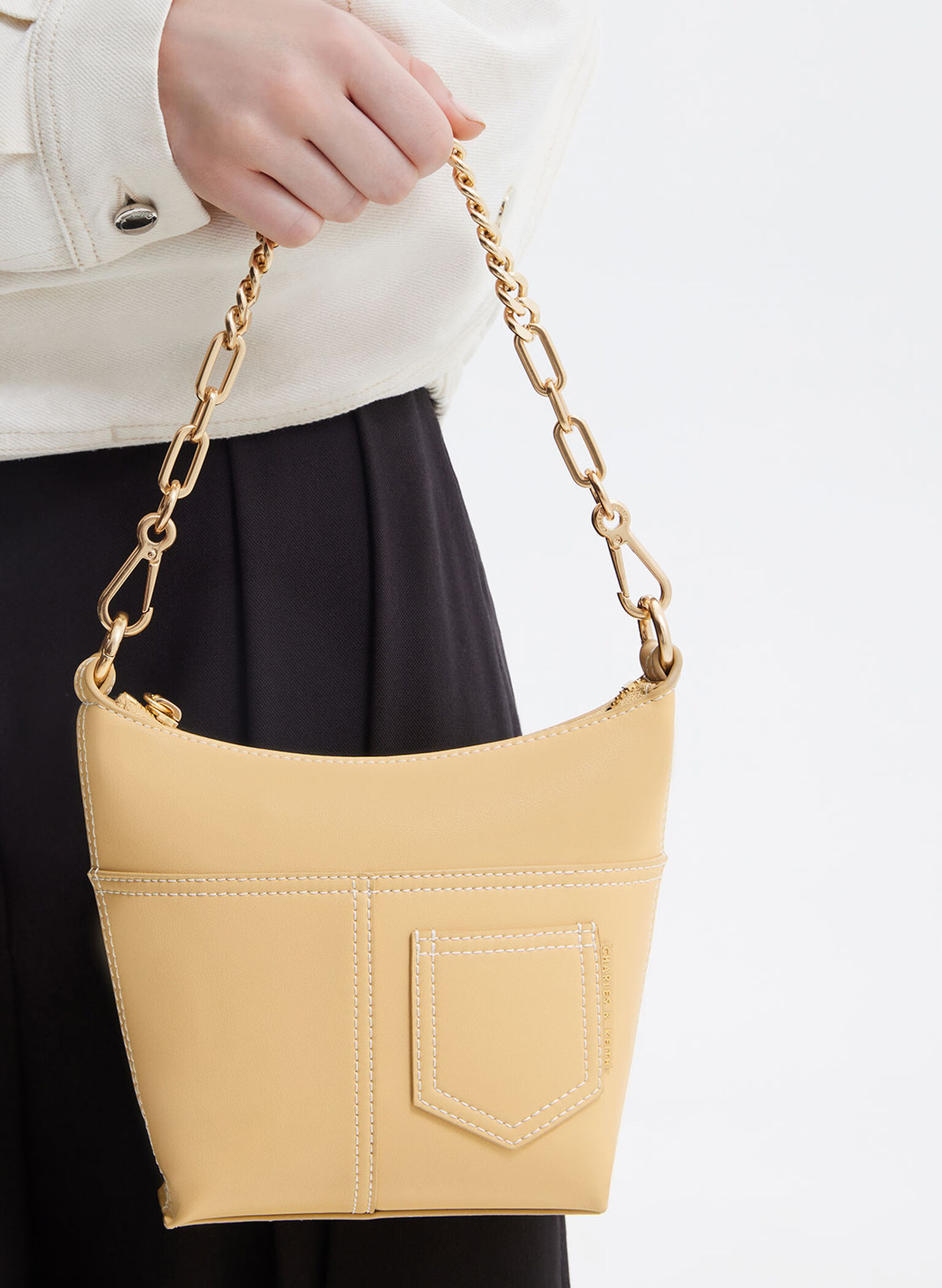 Anthea Contrast-Trim Shoulder Bag, Beige, hi-res
