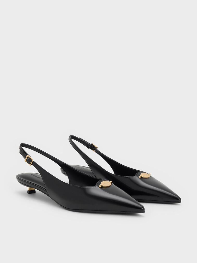 Metallic-Accent Kitten-Heel Slingback Pumps, Black Box, hi-res