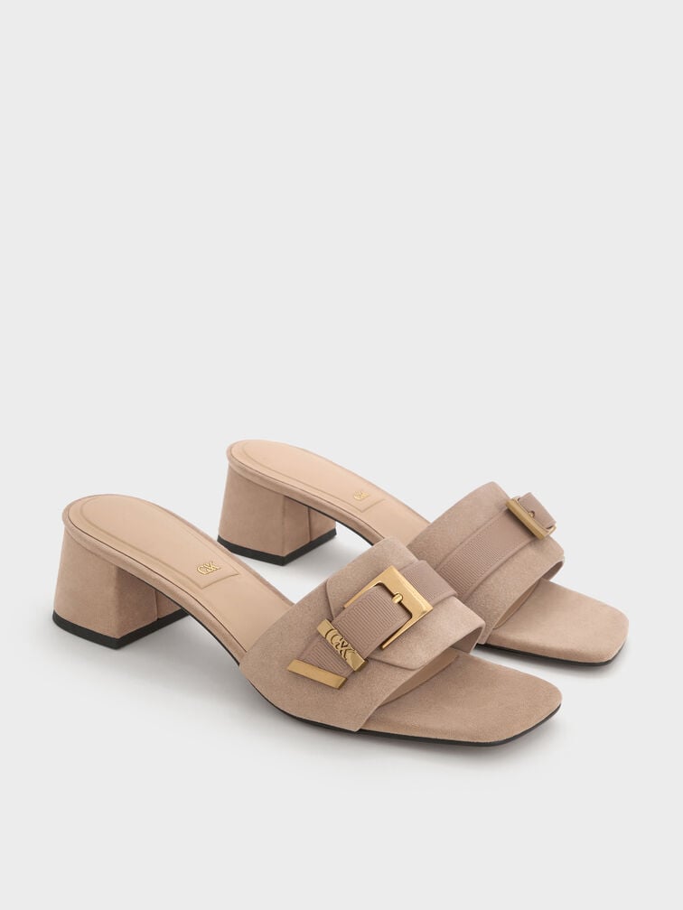 Whitney Suede & Leather Buckled Block-Heel Mules, Taupe, hi-res
