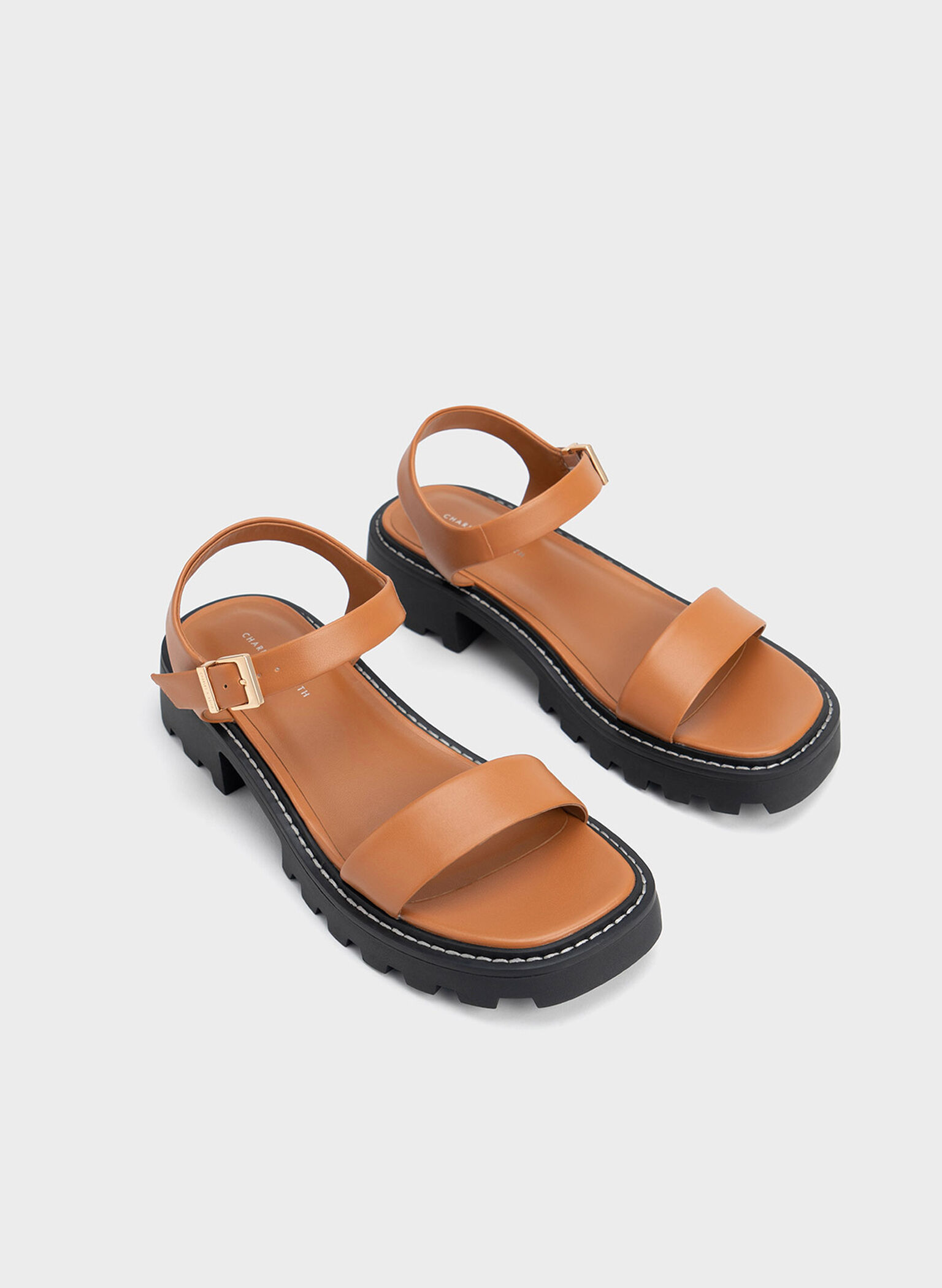 Stitch-Trim Buckled Sandals, Cognac, hi-res