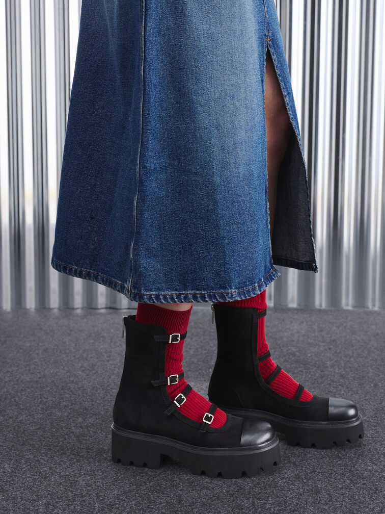 Celia Faux Suede Buckled Multi-Strap Chunky Calf Boots, Black Textured, hi-res