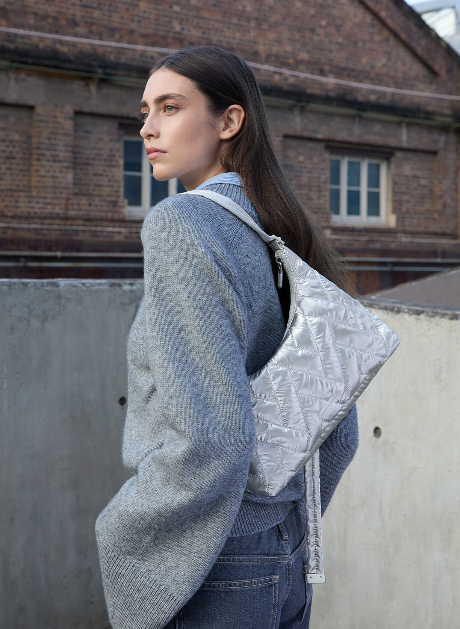 Nylon Chevron Shoulder Bag, Silver, hi-res