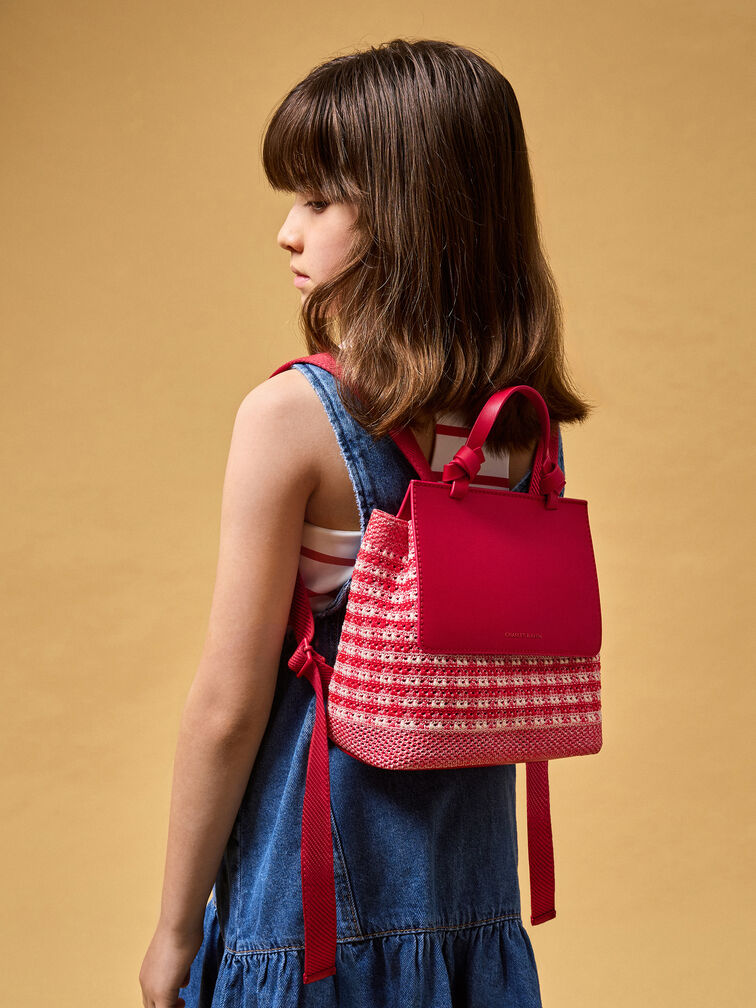 Girls' Ida Knitted Gingham Backpack, Gingham Red, hi-res