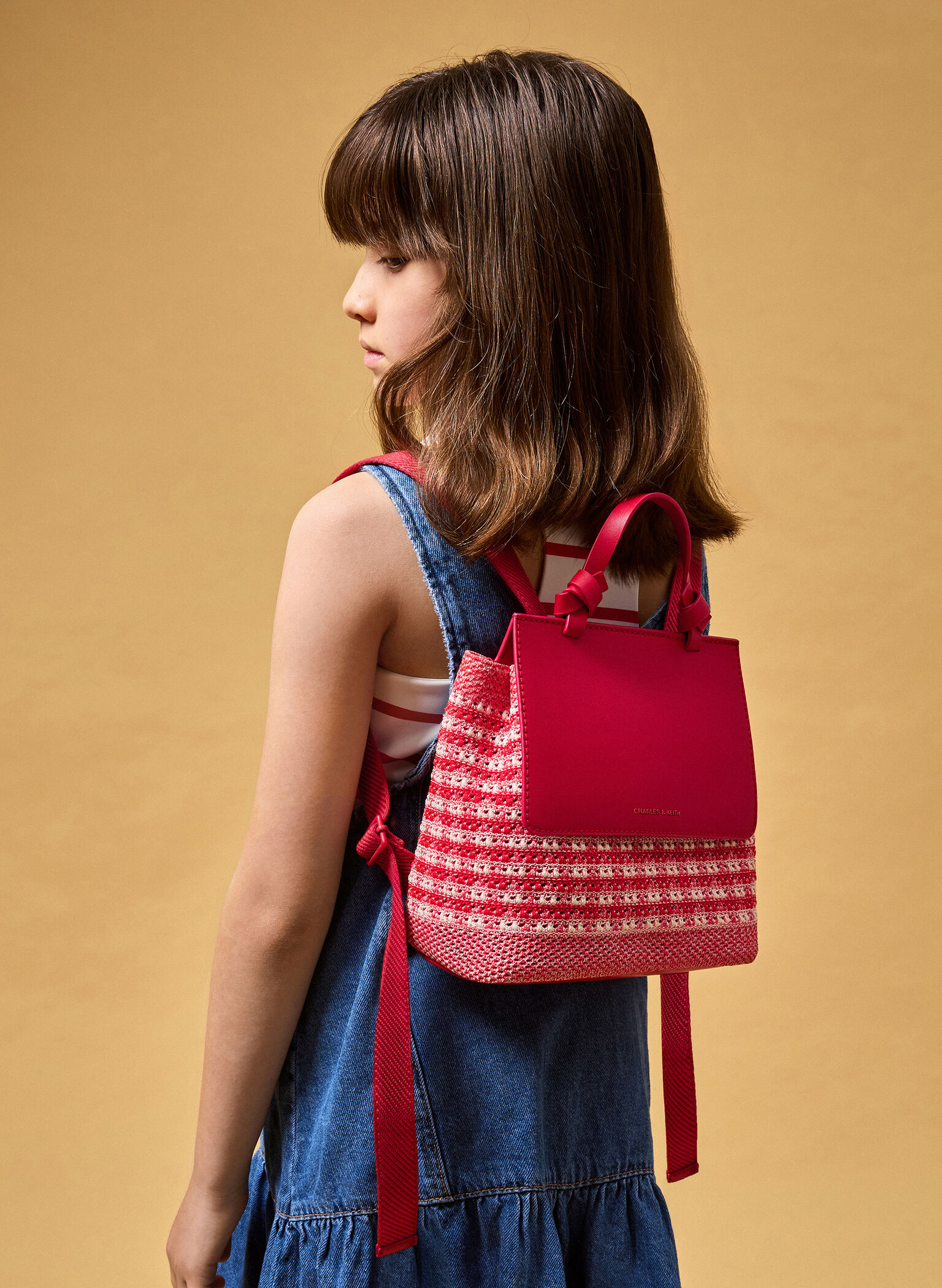 Girls' Ida Knitted Gingham Backpack, Gingham Red, hi-res