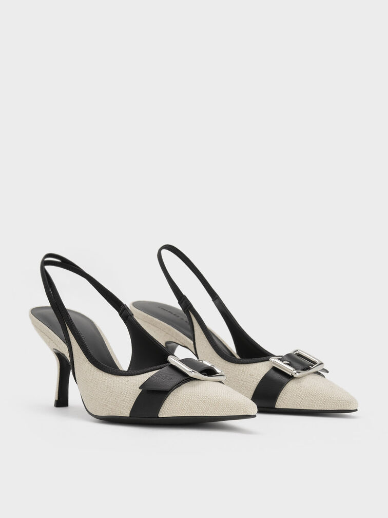 Linen Buckled Pointed-Toe Slingback Pumps, Chalk, hi-res