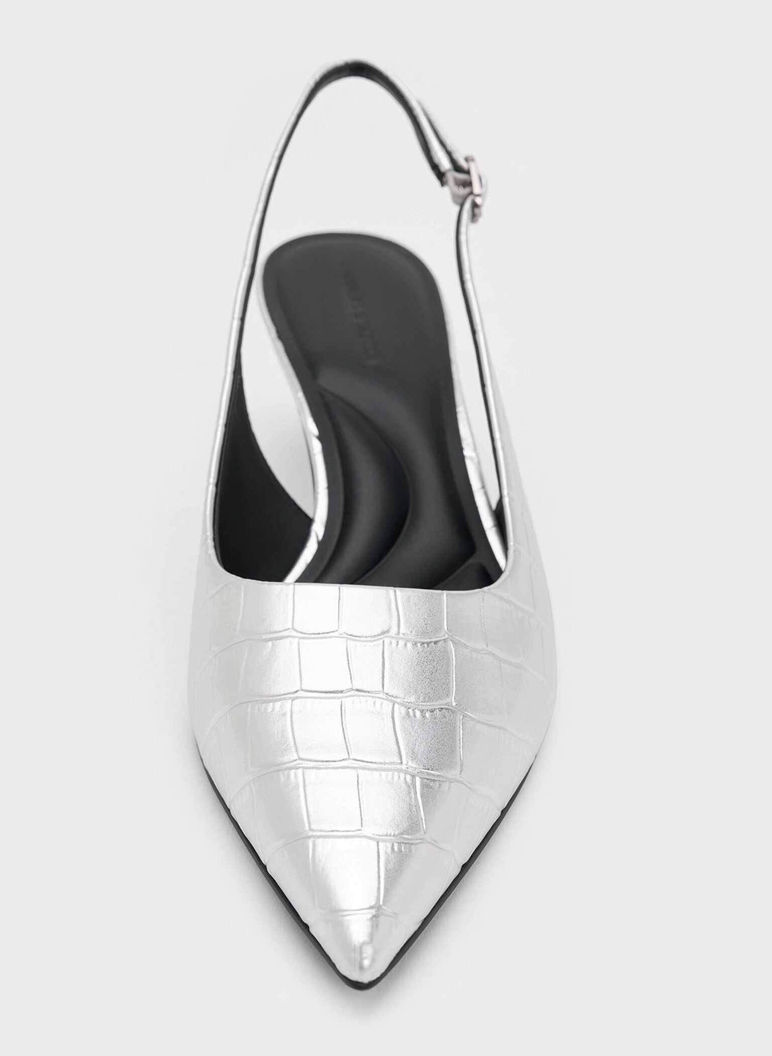 Croc-Effect Pointed-Toe Kitten-Heel Slingback Pumps, Animal Print Silver, hi-res