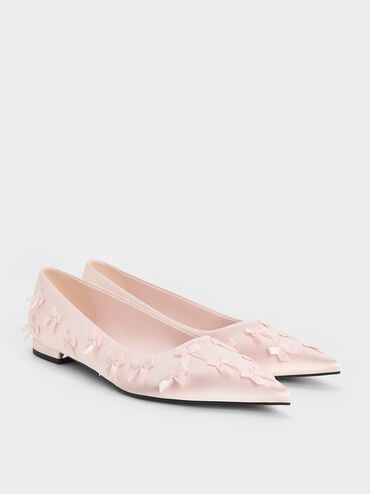 Satin Bow Pointed-Toe Flats, Blush, hi-res