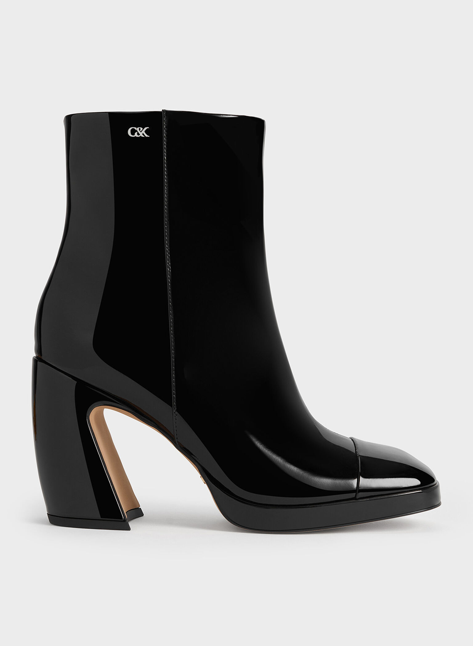 Jyll Patent Leather Sculptural-Heel Ankle Boots, Black Patent, hi-res
