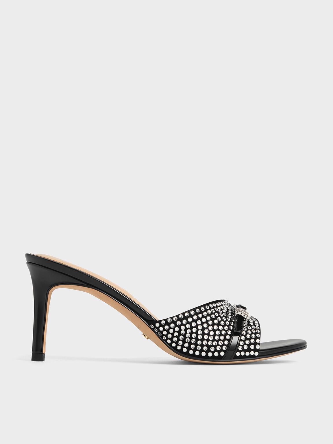Leather Suede Crystal Embellished Buckle Strap Heeled Mules Black