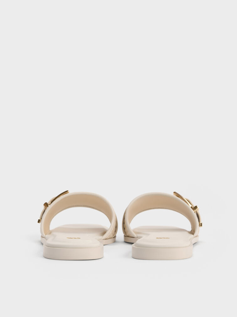 Whitney Leather & Raffia Buckled Slide Sandals, White, hi-res