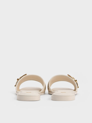 Whitney Leather & Raffia Buckled Slide Sandals, White, hi-res