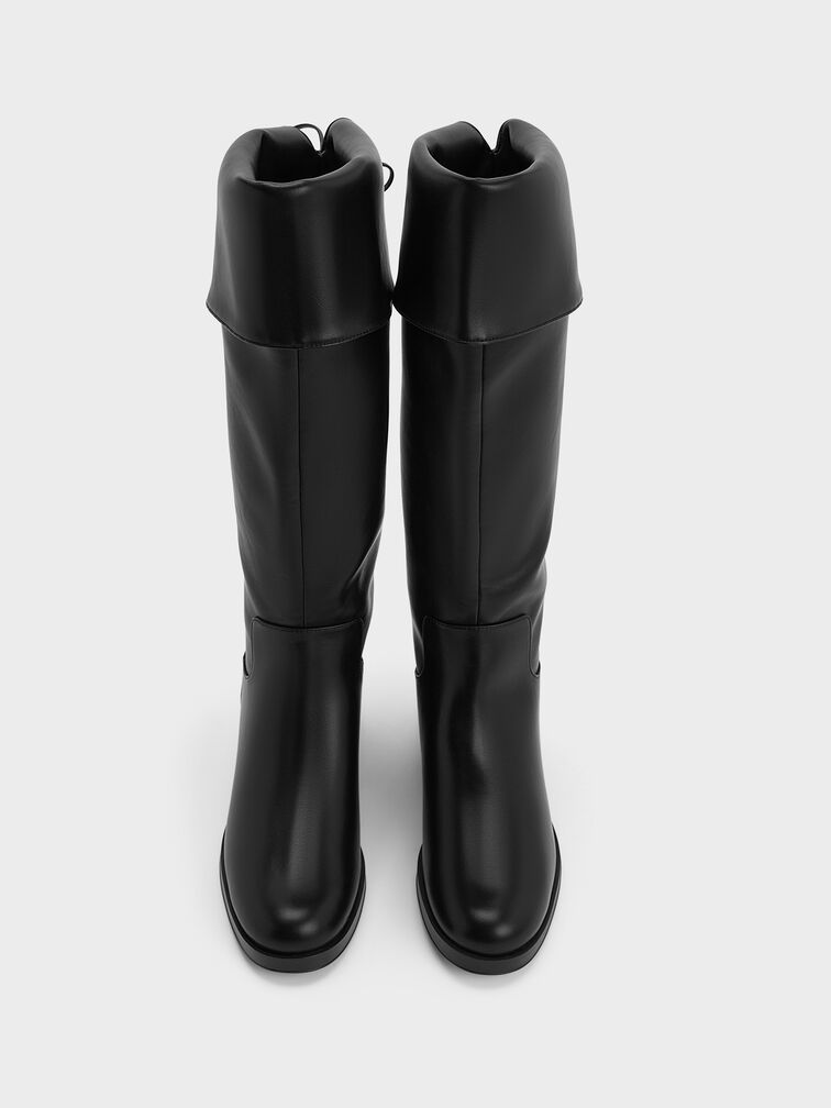 Fold-Over Back-Tie Thigh-High Boots, Black, hi-res