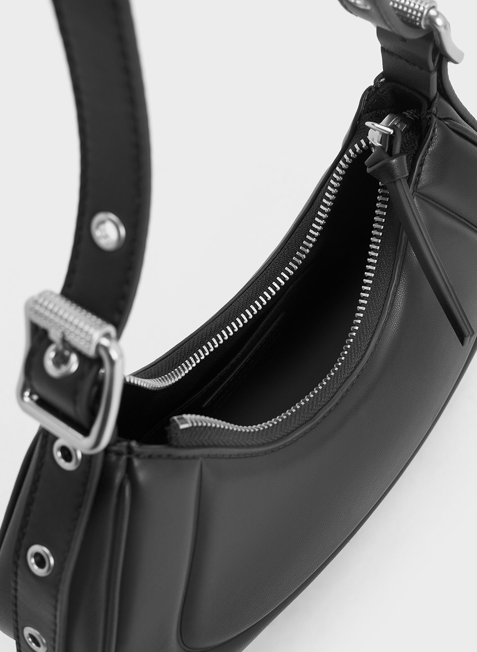 Petra Grommet-Strap Curved Shoulder Bag, Noir, hi-res
