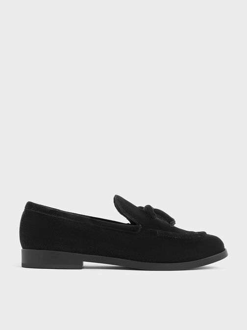 Velvet Bow Loafers, Black Textured, hi-res