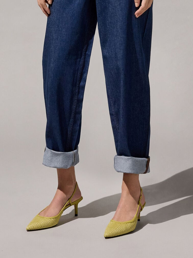 Raffia Pointed-Toe Slingback Pumps, Olive, hi-res