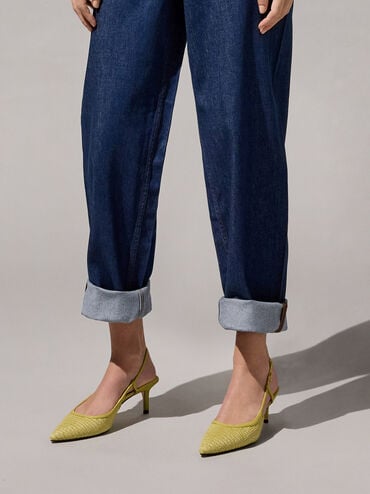 Raffia Pointed-Toe Slingback Pumps, Olive, hi-res