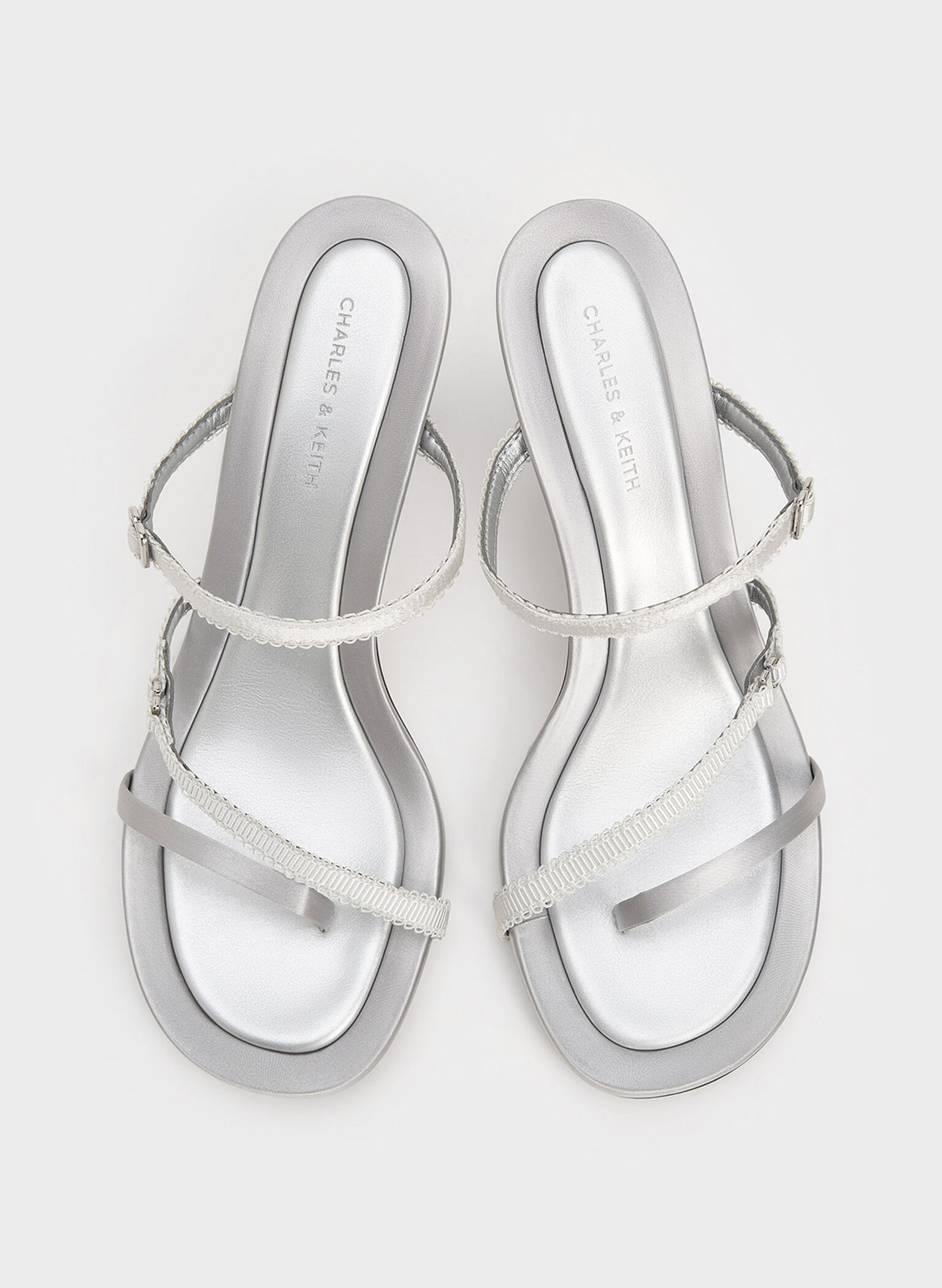 Satin Lace-Strap Thong Sandals, Silver, hi-res