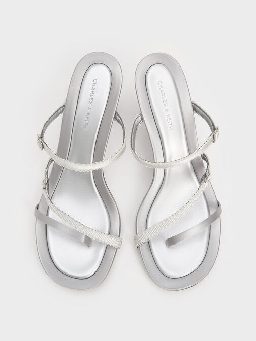 Satin Lace-Strap Thong Sandals, Silver, hi-res