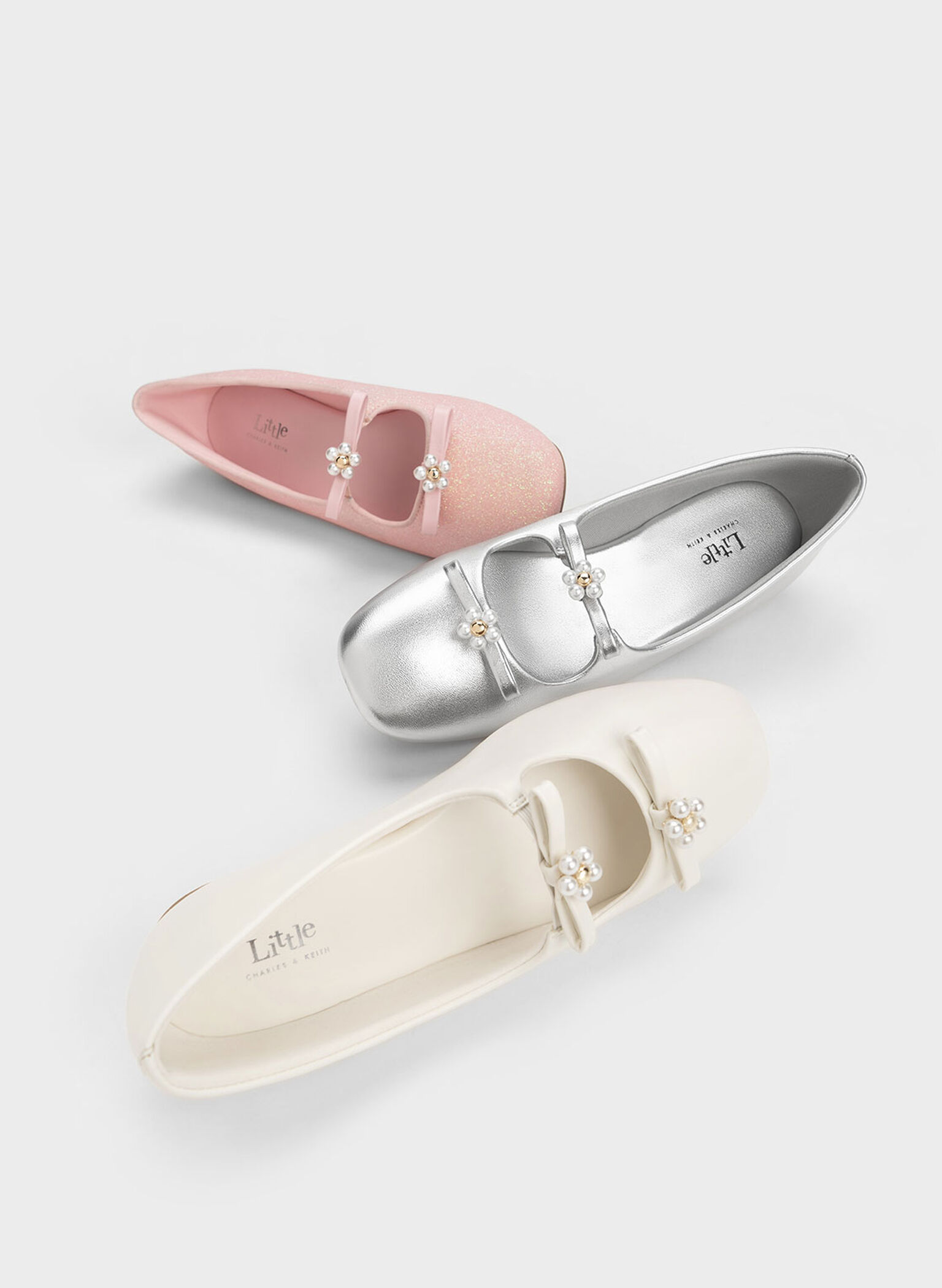 Girls' Floral Beaded Metallic Ballerinas, Silver, hi-res