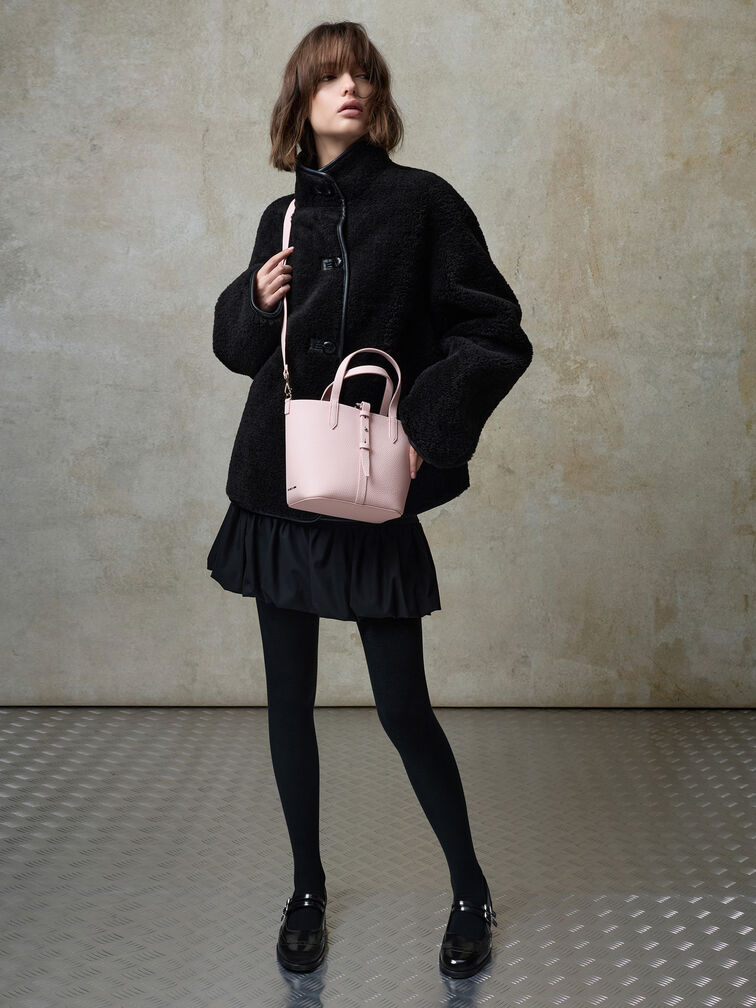 Beryl Recycled Leather Double-Handle Belted Bucket Bag, Cotton Candy Pink, hi-res