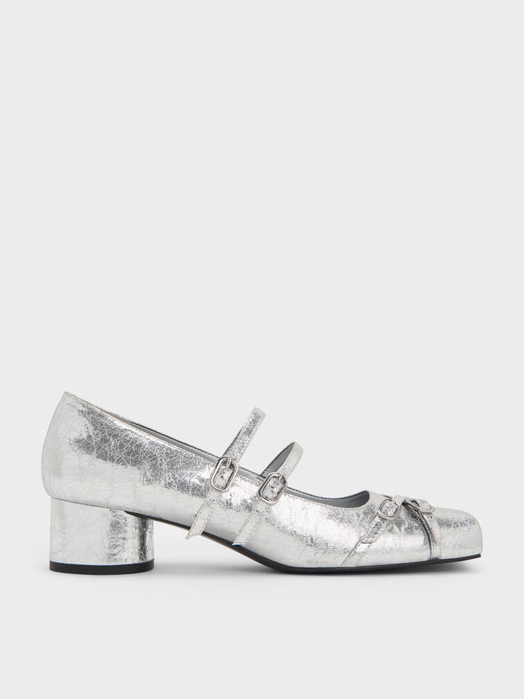 Metallic Crinkle-Effect Double-Strap Mary Jane Pumps, Silver, hi-res