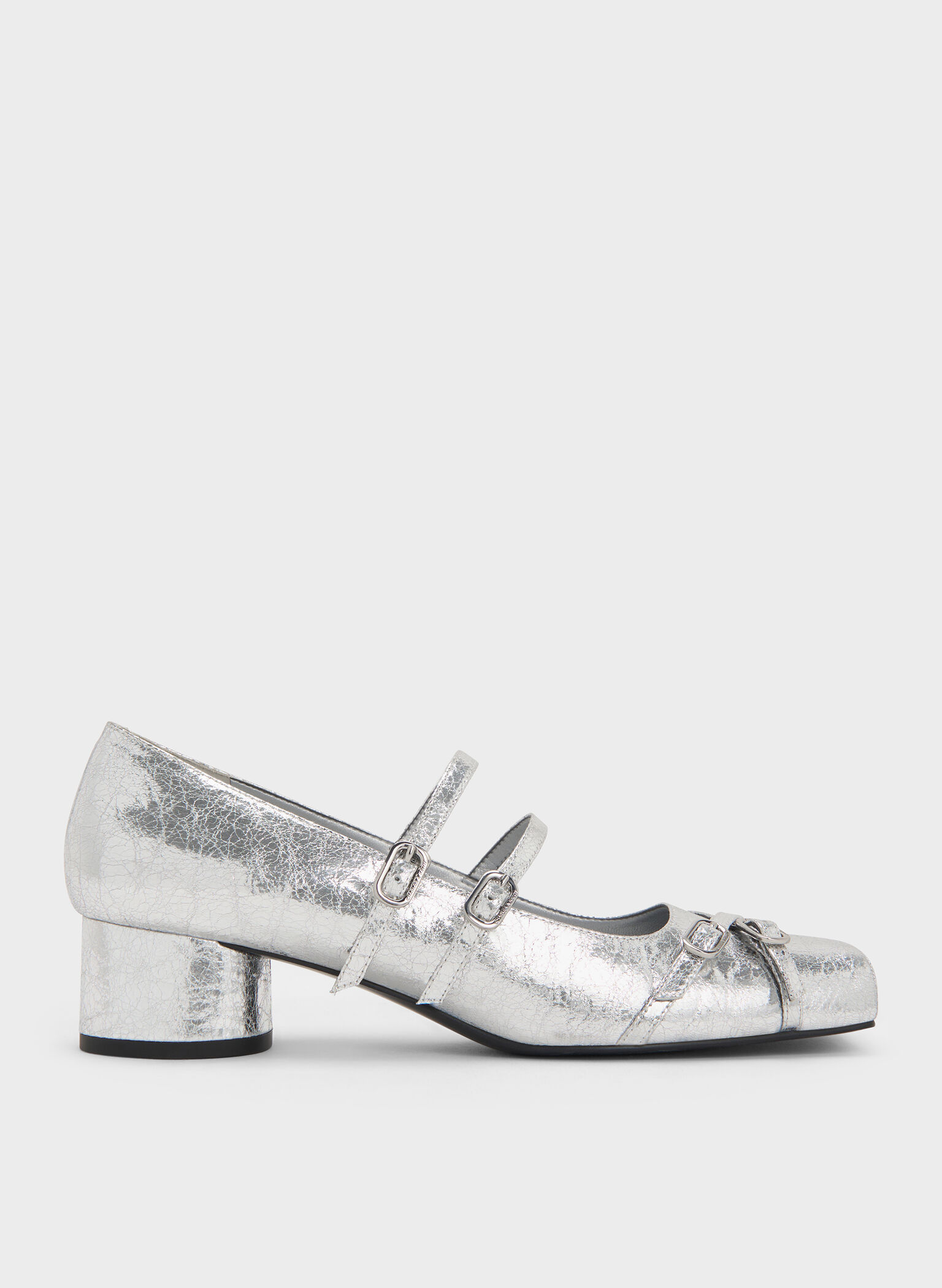 Metallic Crinkle-Effect Double-Strap Mary Jane Pumps, Silver, hi-res