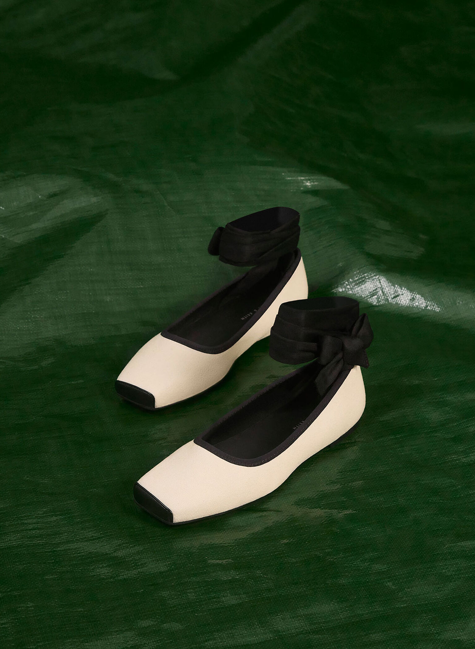 Tie-Around Canvas Ballerina Flats, Black Textured, hi-res